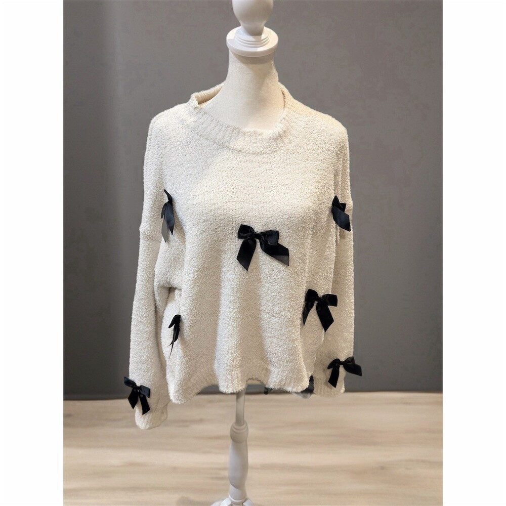 Threaded Leaf Sweater Womens S Ivory Fuzzy Knit Pullover Satin Bow